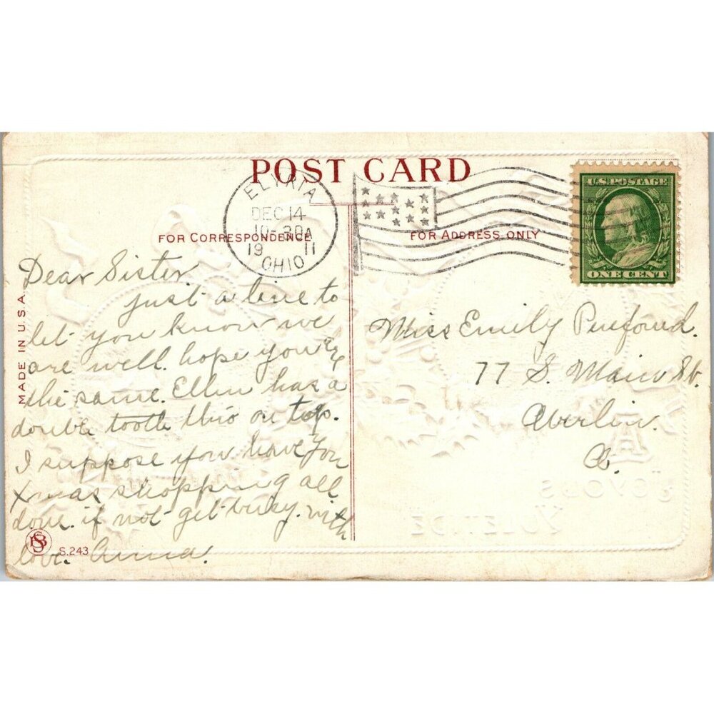 Postcard, Antique, A Joyous Yuletide, Christmas, Embossed 12/14/1911 PC63 - Picture 3 of 3
